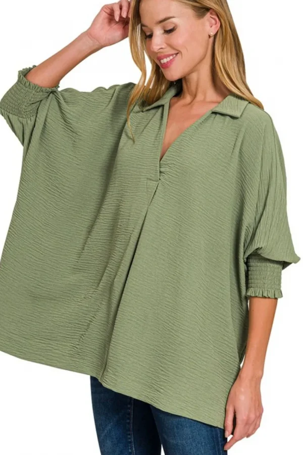 Airflow Collar Tee with Smocked Sleeve Band Top - Lt Olive