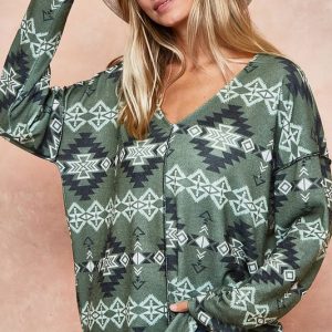 Aztec Print Brushed Out Stitching Detailed Top - Olive Combo