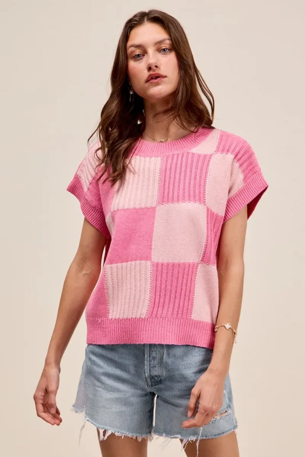 Check Plaid Casual Sweater Top - Blush/Pink