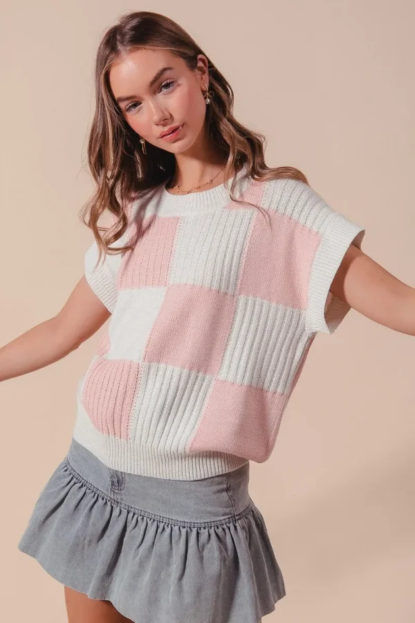 Check Plaid Casual Sweater Top - Dusty Pink/Ivory