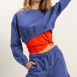 Crew Neck Long Sleeve Crop Sweatshirt - Dusty Indigo