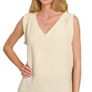 Double Gauze Raw Edge Acid Washed Tank - Sand Beige