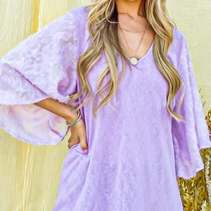 Feather Detailed 3/4 Sleeve Slub Top - Lilac