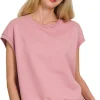 French Terry Round Neck Cap Sleeve T-Shirt - Lt Rose