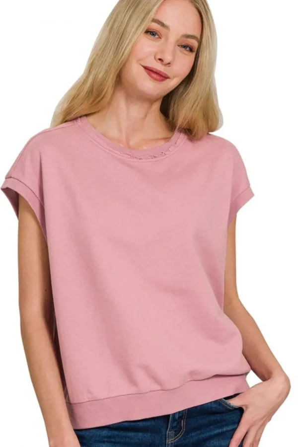 French Terry Round Neck Cap Sleeve T-Shirt - Lt Rose