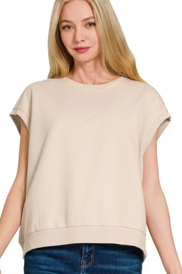 French Terry Round Neck Cap Sleeve T-Shirt - Sand Beige