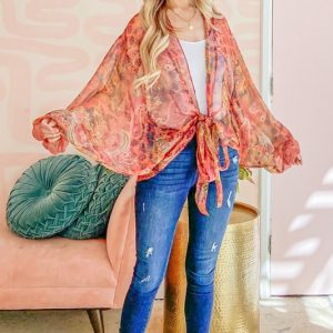 Front Tie Knot Oversized Print Top - Rust