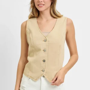 Full Size V Neck Button Down Vest Plus Size - Latte