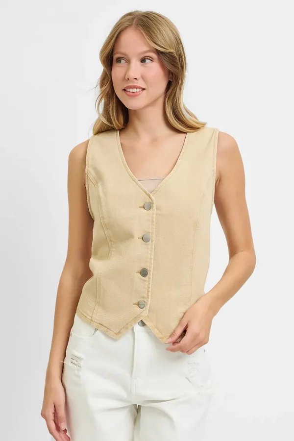Full Size V Neck Button Down Vest Plus Size - Latte