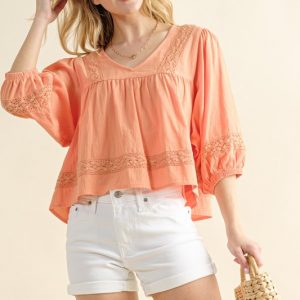 Lace Detailed V Neck Blouse Top - Papaya