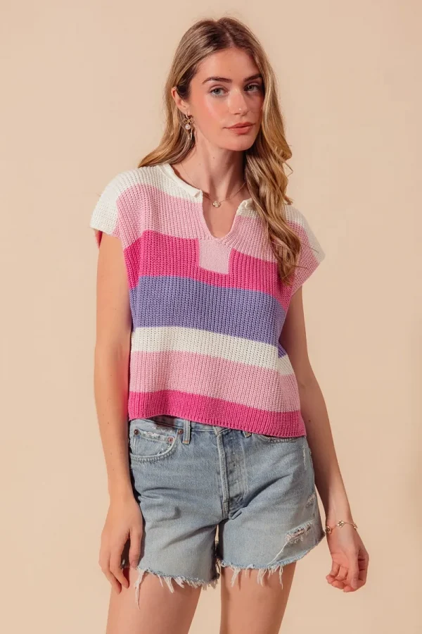 Multi Color Stripe Loose Fit Cap Sleeve Sweater Top - Blush/Pink/Lilac