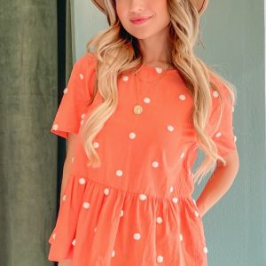 Pom Pom Polka Dots Short Sleeve Top - Coral