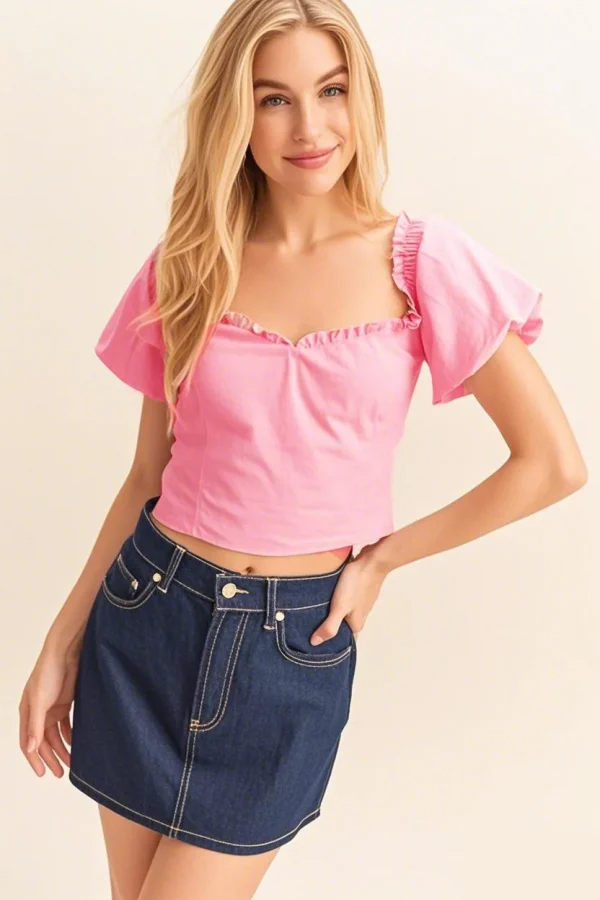 Puff Sleeve Sweetheart Neck Top - Pink