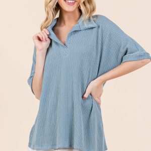 Ribbed Collared Neck Top - Denim