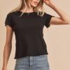 Round Neck Lettuce Hem Short Sleeve T-Shirt - Black