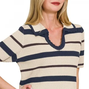 Striped Collared Short Sleeve Cropped Sweater - Navy
