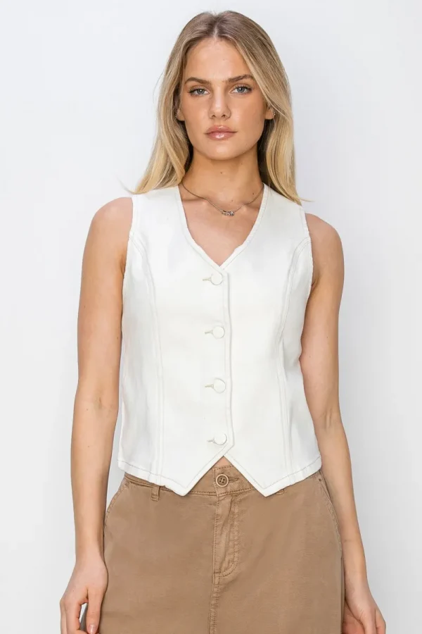 V Neck Button Down Vest - White